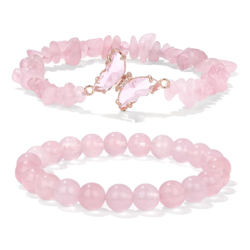 SANNIDHI® Amethyst bracelet for women, anxiety relief amethyst beaded bracelet, butterfly charm healing stone layered bracelets, gift for women-Peach Pink