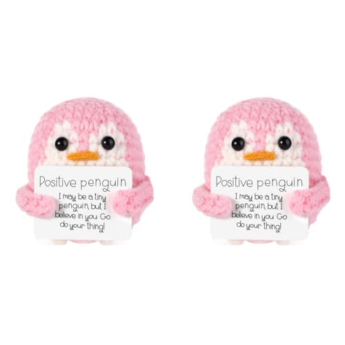 ZIBUYU® Handmade Crochet Penguin Desk Decor with Positive Message Card Cute Motivational Toys Gift for Office Home Baby Nursery Pink 2 PCS