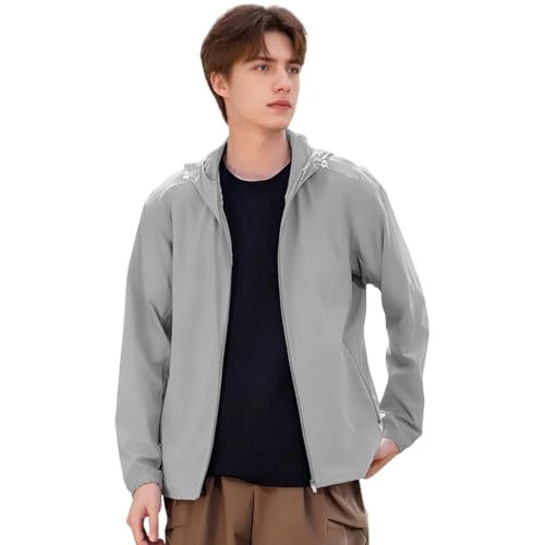 Venzina® UPF 50+ Sun Jacket for Men Long Sleeve Zip-up Sun Jacket with Zip Pocket, Removable Hat, Quick Dry Loose-fit UV Protection Clothing for Driving, Riding, Hiking, Grey, M