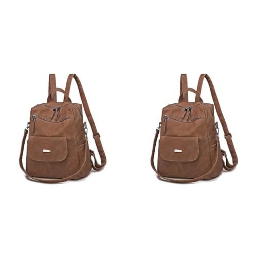 PALAY® PU Leather Backpack for Women Stylish College Bag for Girls Soft Travel Backpacks Vintage Shoulder Casual Handbags Sling Gifts Brown 2 PCS