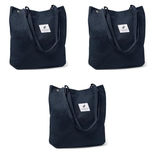 PALAY® Classic Tote Bag Corduroy Solid Color Hand Bag For Women Shoulder Shopping Large Grocery Dark Blue 3PCS