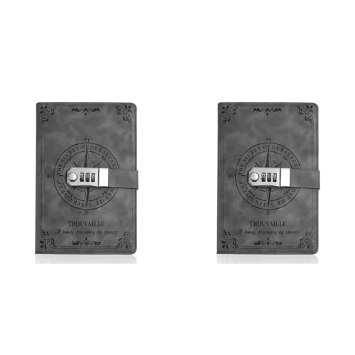 HASTHIP® Diary with Lock 200 Pages A5 PU Leather Journal Password Protected Notebook for Men and Women 22 x 15 cm Grey 2 PCS