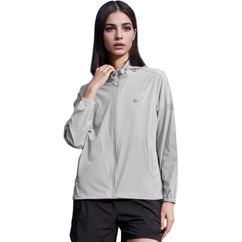 Venzina® UPF 50+ Sun Jacket for Women Long Sleeve Zip-up Sun Jacket with Zip Pocket, Removable Hat, Quick Dry Loose-fit UV Protection Clothing for Driving, Riding, Hiking, Grey, XL