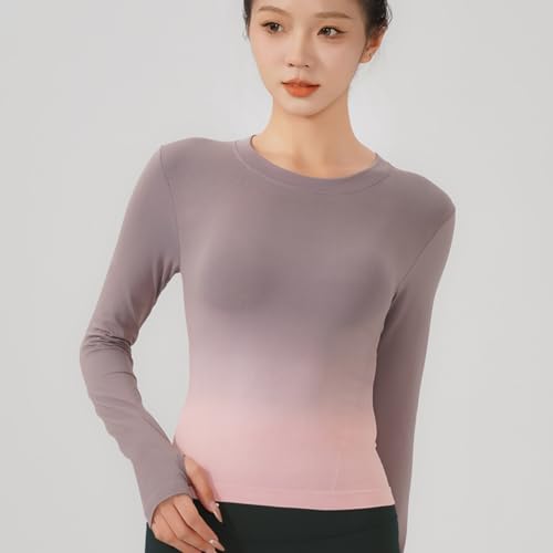 Venzina® Women's Yoga Top, Long Sleeve Workout Shirt with Thumb Hole, Flattering Fit Fashion Color Patchwork Sport Wear for Yoga, Exercise, Gym, Running, Pink - L