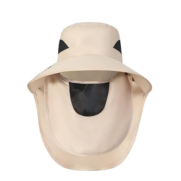 GUSTAVE® Wide Brim Bucket Hat 360 Degree UV-Protection Sun Hat with Neck Flap & Removable Face Cover Outdoor Unisex Sun Hat with Chin Strap, Breathable Sun Hat for Hiking, Fishing, Gardening, Beige