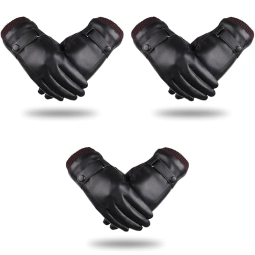 Proberos® Winter Gloves for Men PU Leather Fleece Warm Lining Touch Screen Fashion Driving Black Style 1 3PCS