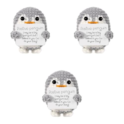 ZIBUYU® Handmade Crochet Penguin Desk Decor with Positive Message Card Cute Motivational Toys Gift for Office Home Baby Nursery Grey 3PCS