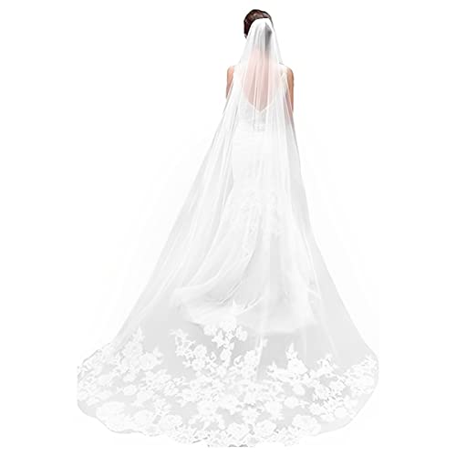 PALAY® Womens Polyester Bridal Veil 3M Wedding Cowl For Bride White Lace Edge Long Cathedral 1 Tier Drop Tulle Hair Accessories 3 PCS