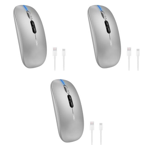 Verilux® Wireless Mouse Rechargeable Battery Level Visible 3 Modes 2.4G 3.0BT 5.0BT Bluetooth for Laptop 1600DPI Ergonomic Silent Mac PC iPad Sliver 3PCS