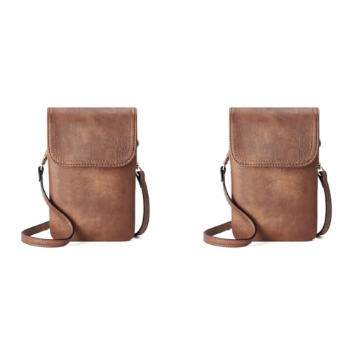 PALAY® Crossbody Phone Bag Fashion Women Mini Purse Vintage Brown PU Leather Casual Card Evening Sling Multi Pocket for Daily Travel 2 PCS