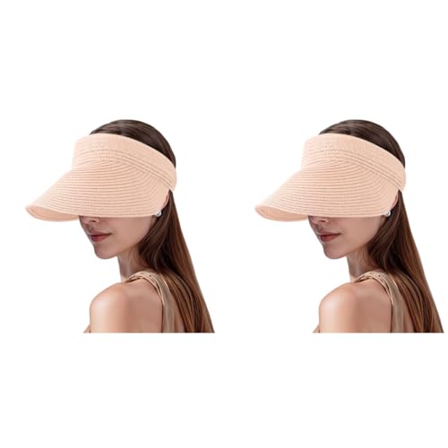 PALAY® Straw Cap for Women Wide Brim Sun Hat Packable Adjustable Pink 2PCS
