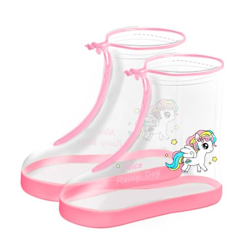 SNOWIE SOFT® Kids Shoe Covers Cartoon Unicorn Zip-up High Top PVC Shoe Cover Drawstring Closure Design Waterproof Outdoor Anti-slip Shoe Cover for Girls with Shoe Size 1-2, 1 Pair, M