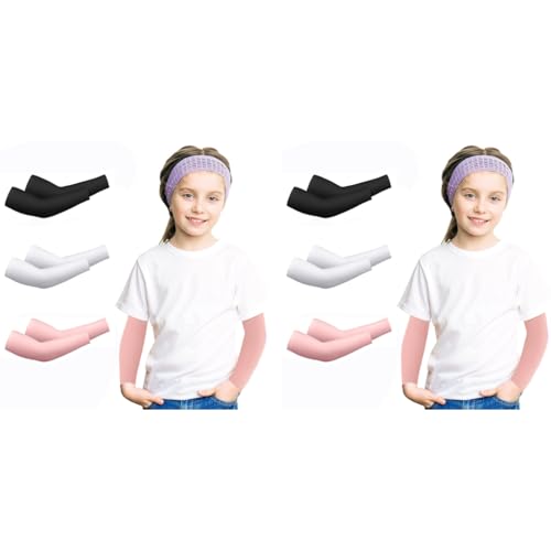 SNOWIE SOFT® Kids UV Protection Arm Sleeves 3 Pairs Cooling Hand Cover for Outdoor Activities Sports for Boys Girls 6-10 Years Anti-Slip Stretchy Fabric Black White Pink 1 Count 2 PCS