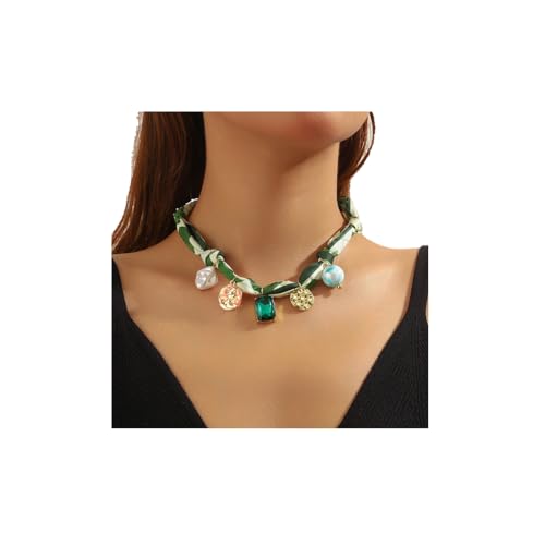 SANNIDHI® Convertible Silk Scarf Necklace, Adjustable Statement Jewelry with Gold-Plated Charms - Green