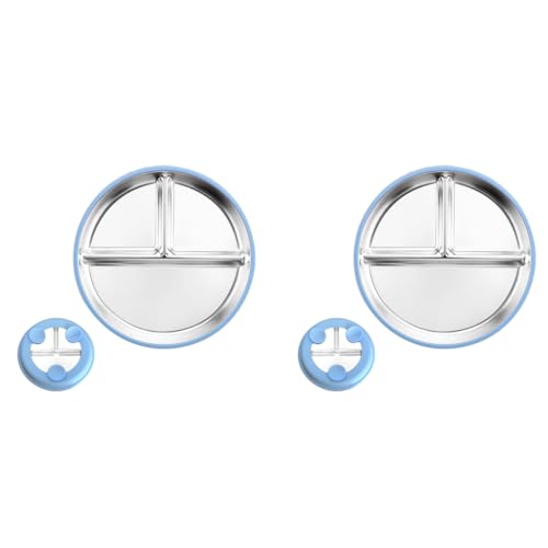 HASTHIP® Kids Food Plate with Suction Cups 9 Inch Round 3-Compartment Stainless Steel for Toddlers Self-Feeding Training Anti-flip Shallow Breakfast Bread Snack 2PCS