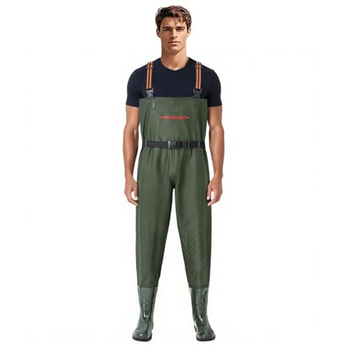 Proberos® Waterproof Work Pants for Men PVC Rain Trousers with Rubber Boots & Zipper Pocket, Adjustable Waist Belt & Elastic Suspenders, Outdoor Work Pants for Fishing, Construction, Shoe Size 44