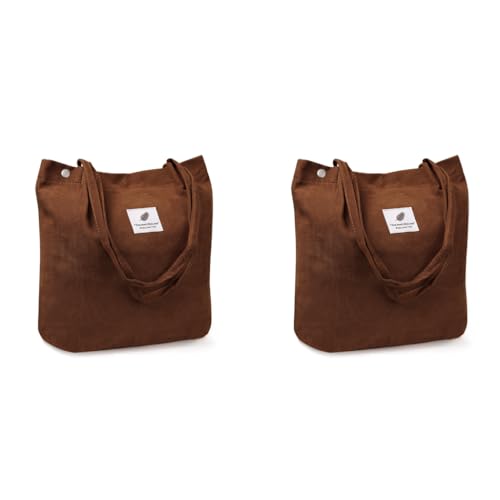 PALAY® Tote Bag Corduroy Solid Color Hand Bag for Women Shoulder for Shopping Commuting Large Grocery Brown 2PCS