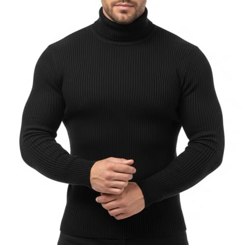 GUSTAVE® Men's Casual Slim Fit Basic Tops Turtleneck Sweater Slim Fit Turtle Neck Sweaters for Men Long Sleeve Pullover Thermal Sweater, XL Black