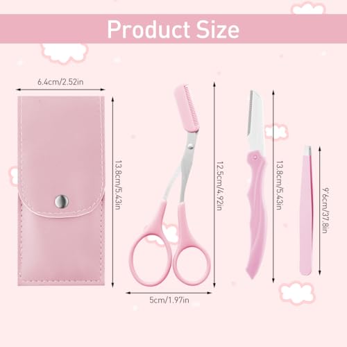 MAYCREATE 3Pcs Eye Brow Scissor Eyebrow Removal Tweezer Eyebrow Trimmer Razor Facial Hair Shaper Eyebrow Trimming Make Up Tool with PU Leather Case Shave and Hair Removal, Pink