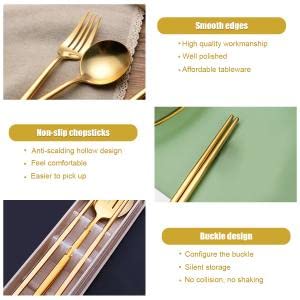 Supvox® 410 Stainless Steel Knife Fork Spoon Chopstick Set, Portable Travel Utensil Flatware Sets with Case, 4Pcs Spoon Fork Knife Chopstick for Picnic Camping Travel & Outdoor Lunch (Gold)