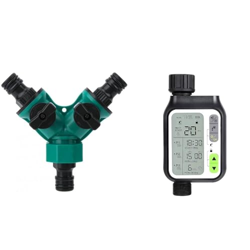 HASTHIP® 2 Way Tap Splitter for Garden Irrigation, ABS Green Y Shape Valve with Separate Switch, Leak-Proof 3/4 & 1/2 Inch Water Tap Connector, Durable Weather-Resistant Material for Outdoor Use