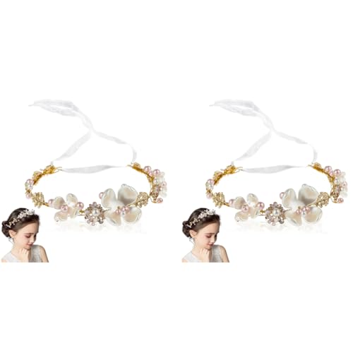 SANNIDHI® Flower Tiara for Girls Kids Pearl Hairband Crown for 6 Years Old Stylish Wedding Hair Accessories Gold Metal Princess Headpiece Women Bridal Dress Up 2 PCS