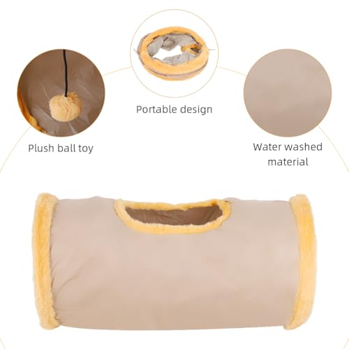 Qpets® Cat Hiding Cave Plush Play Tunnel with Top Open & Fluffy Ball Teaser Toy, 25cm Dia, 70cm Long, Collapsible Pet Play House, Reusable & Washable
