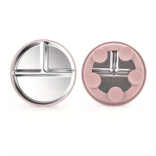 HASTHIP® 9'' Stainless Steel Kids Food Plate with Strong Suction Cups, 3-Compartment, Anti-Flip, BPA-Free, Toddler Self-Feeding, Mess-Free, Shallow Breakfast Snack Lunch Plate