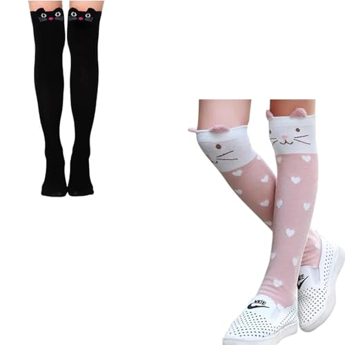ZIBUYU® Cotton Long Socks For Girls Cute Kitty Design Winter Warm Girls High Knee Socks Gift For 3-12 Years Old Boot
