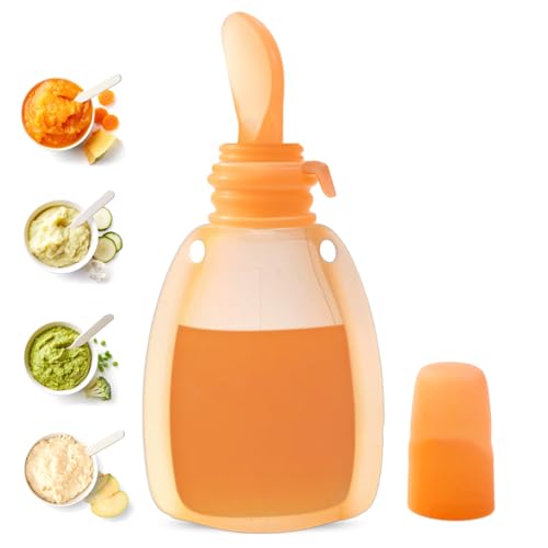 SNOWIE SOFT® 120ml Baby Food Pouch Squeezable Silicone Food Feeding Pouch with Spoon Intergration Design & Dustproof Cap Portable Refillable Baby Food Pouch for Purees, Smoothies, Applesauce