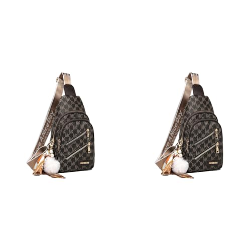 PALAY® PU Chest Bag for Women Fashion Vintage Printed Multi-Compartment Zip-up Shoulder Crossbody Travel Casual Sling with Charm 2 PCS
