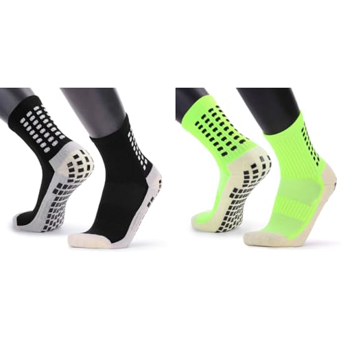 Proberos® Anti-Slip Sport Socks Combo for Men & Women, Black & Green, Professional Cushioned Compression Football Socks with Rubber Grip, Breathable, High Ankle, Calf Length, One Size