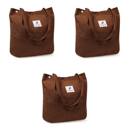 PALAY® Tote Bag Corduroy Solid Color Hand for Women Shoulder Shopping Commuting Large Grocery Brown 3PCS