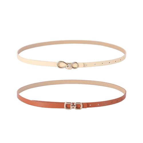 SANNIDHI® 2 Pack Women Skinny Leather Belt for Dresses with Gold Buckle Ladies Thin Waist Belt for Jeans Pants