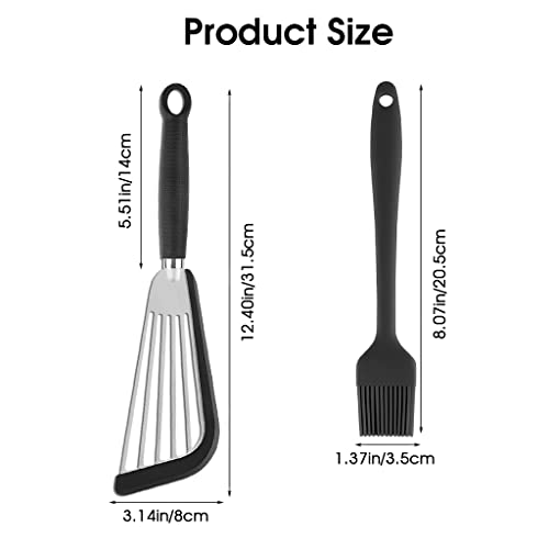 HASTHIP® Stainless Steel Fish Spatula and Silicon Oil Brush Set, Slotted Fish Turner Spatula, 12.4 inch Long Silicone Nonstick Fish Spatulas for Cookware, Anti-Scald Silicon Handle, Black