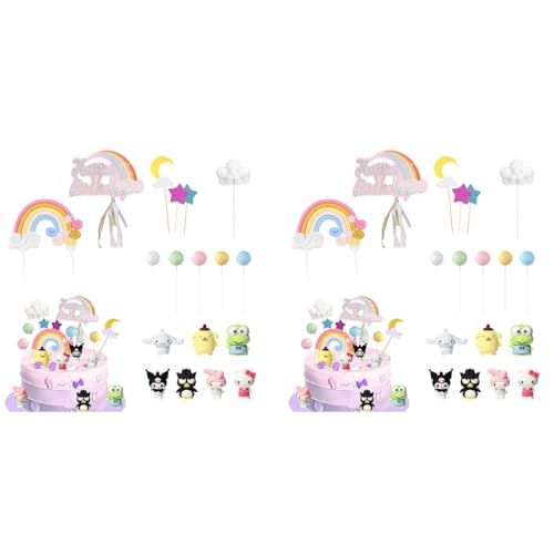 HASTHIP® 36PCS Cute Cake Toppers Set 1.9inches Kuromi Melody Cinnamoroll Cartoon Sanrio-themed Rainbow Color Balloon for Shower Birthday Party