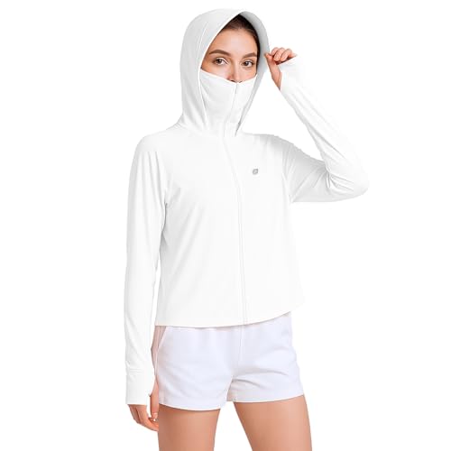 Venzina® Women's UPF 50+ Athletic Jacket Long Sleeve Lightweight Sunscreen Protective Clothing UV Sun Protection Full Zip Cooling Hoodie for Women for Outdoor Hiking, White-2, L