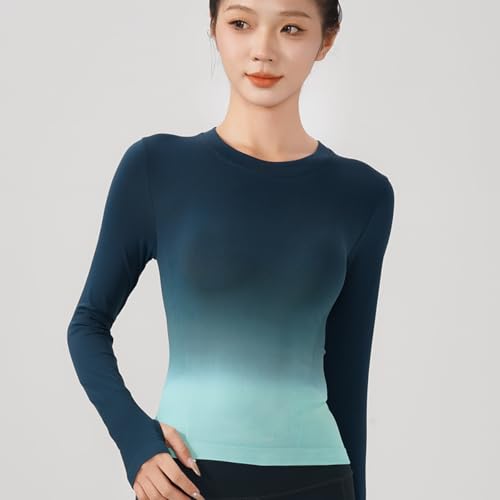 Venzina® Women's Yoga Top, Long Sleeve Workout Shirt with Thumb Hole, Flattering Fit Fashion Color Patchwork Sport Wear for Yoga, Exercise, Gym, Running, Peacock Blue - L