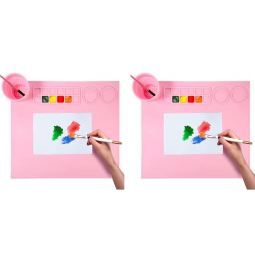 HASTHIP® 43 * 38cm Silicone Craft Mat for Painting Play Doh and Clay for Kids Non-Stick Multipurpose Doms Colour Kit with Cleaning Cup and Color Mixing Plate Arts Crafts Resin Casting 2PCS