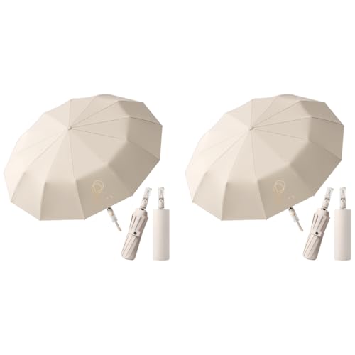 PALAY® Big Umbrella for Rain and Sun Protection Windproof Reinforced 12 Ribs Sectional Closure Compact Travel 3 Fold with Mechanical Handle for Women and Men Beige 2PCS