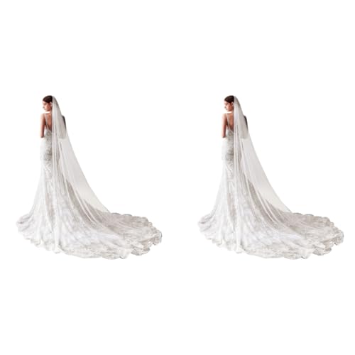 PALAY® Women's 2.3M Lace Veil For Bride Adorned With Pearls Cowl Pure White Wedding Hair Accessories Headwear 2PCS