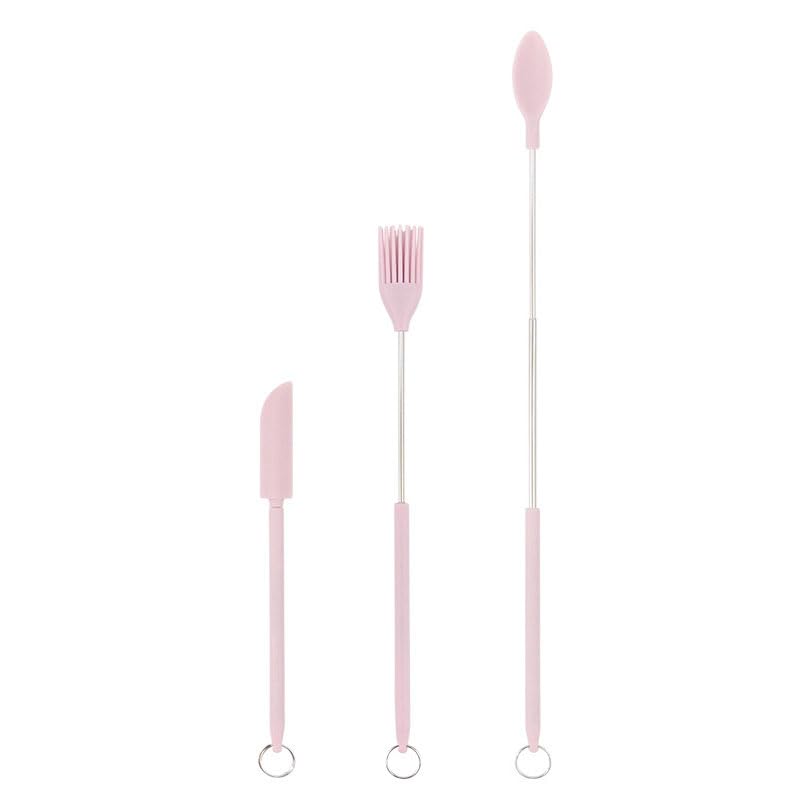 HASTHIP® 3Pcs Kitchen Mini Silicone Scooping Tools Telescopic Tiny Spoon Spatula for Jam Jars, Lotion Bottles, Utility Food-Grade Silicone Spatula Scoop and Brush