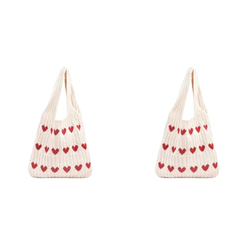 ZIBUYU® Crochet Heart Tote Bag for Women Girls Y2K Aesthetic Knit with Plush Charm Soft Spacious Hippie Beach Cream Red Hearts Ideal Work School Casual 2PCS