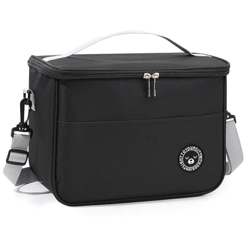 HASTHIP® Food Container Bag Crossbody Bento Box with Handle & Shoulder Strap, for Camping, Picknic, School, Office, 29x20x22cm-Black-M
