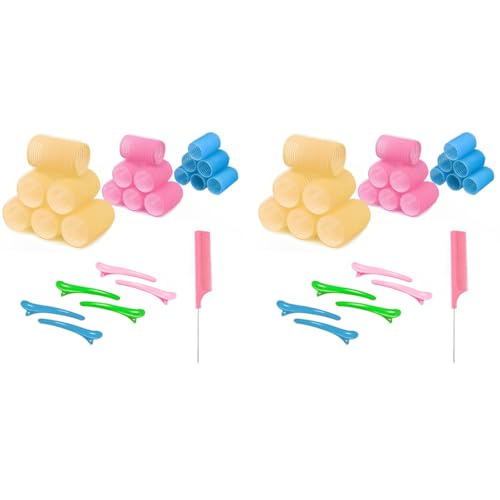 MAYCREATE® Heatless Hair Curler Roller Kit 3 Sizes Self Grip Magic Clips for Long Medium Short Hair with 6 Bang Clips 1 Stainless Steel Comb 2PCS