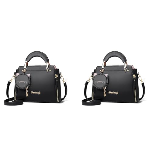 ZIBUYU® Hand Bag for Women Stylish PU Small Tote with Detachable Strap Cat Ear Pouch Crossbody Shoulder for Daily Use Black 24x10x18cm 2PCS