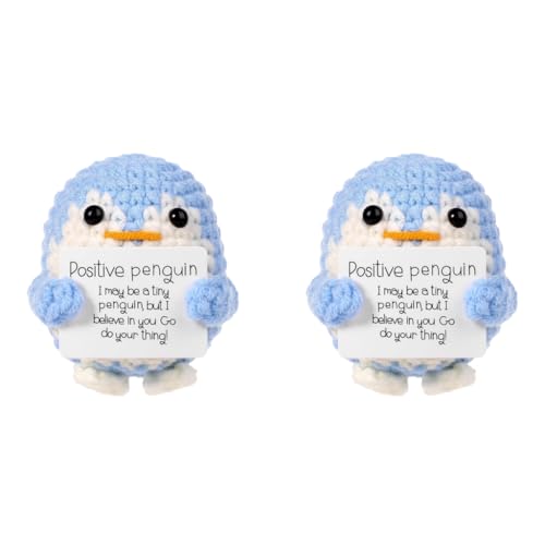 ZIBUYU® Handmade Crochet Penguin Toys Desk Decor with Positive Message Card Cute Motivational Gift for Office Home Baby Nursery Blue 2PCS