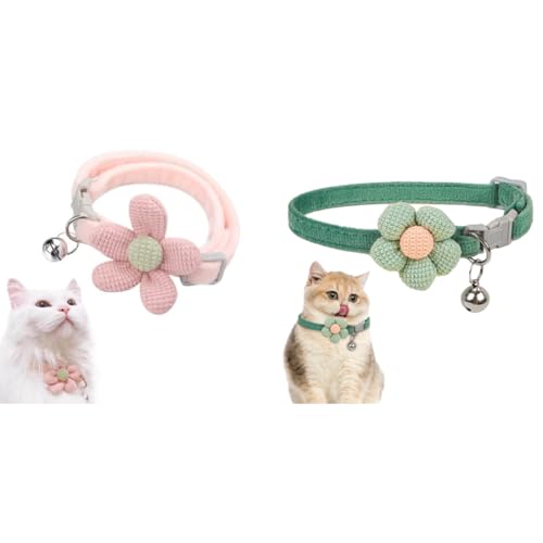 Qpets® Cat Collar Set, Pink & Green Flower Soft Plush Adjustable Collars with Bell, Quick Release, Cute Pet Gift Combo for Cats & Kittens, Ideal, Photos, DIY, Crafting