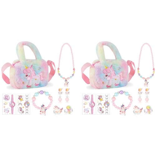SANNIDHI® Unicorn Crossbody Bag with Jewelry Set for Girls Princess Plush Handbag Purse Beads Necklace Bracelet Earrings Rings Stickers Set 2PCS