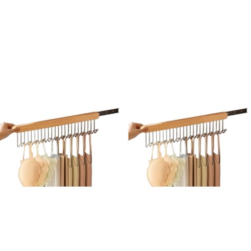 HASTHIP® Belt Organiser for Wardrobe Wooden Sliding Pull Out Hanger Organizer Storage with 12 Hooks to Take Bra Scarf Tie Hat Left Pull Design 41x8cm 2PCS